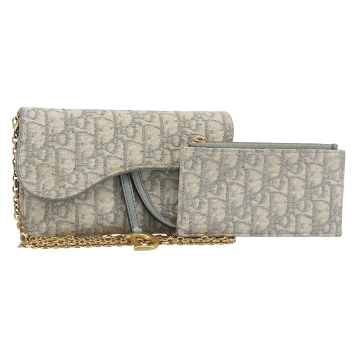 Christian Dior Trotter Canvas Saddle Chain Wallet Light Blue Gold Auth hk3821A