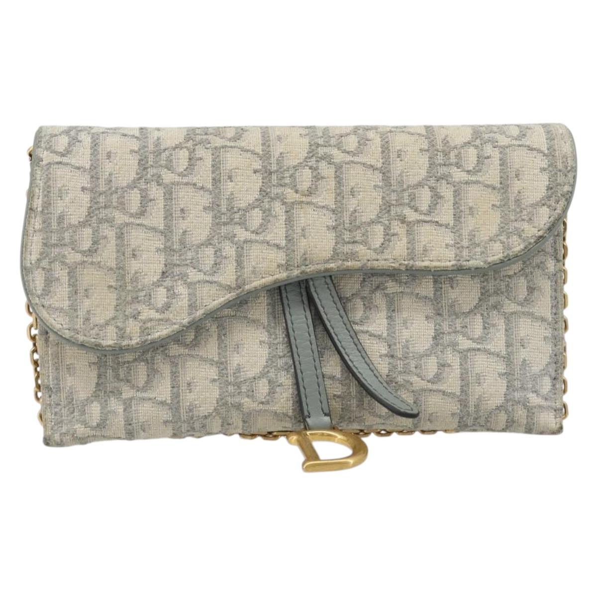 Christian Dior Trotter Canvas Saddle Chain Wallet Light Blue Gold Auth hk3821A