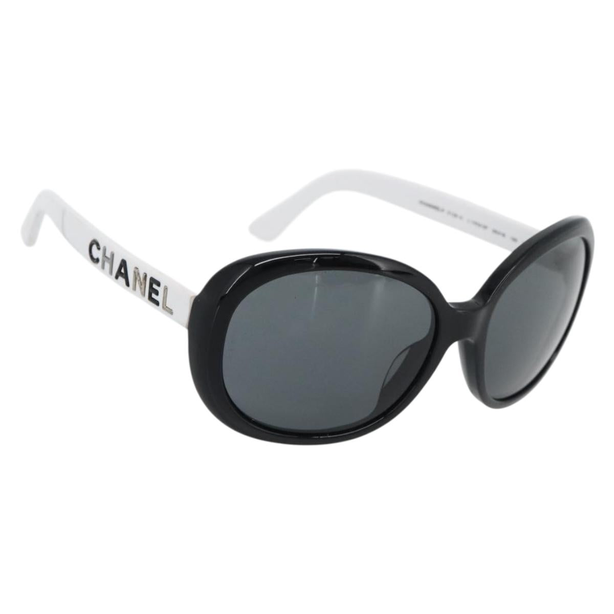 CHANEL Sunglasses Plastic Black White Silver CC Auth hk3828