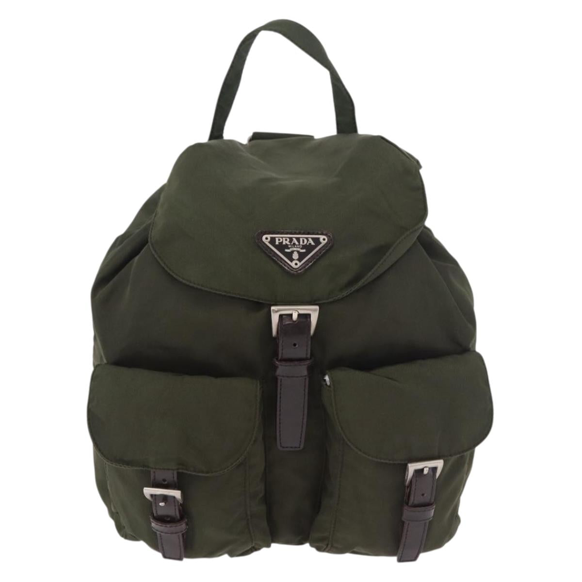 PRADA Backpack Nylon Khaki Silver Auth hk3832