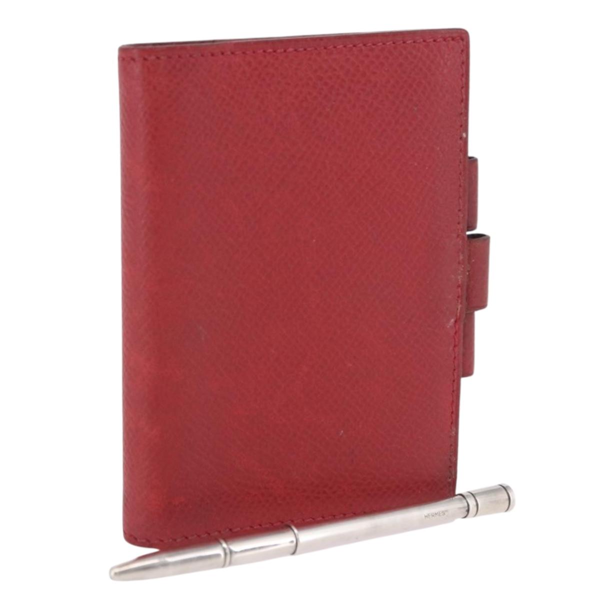 HERMES Agenda Vision & Ballpoint Pen Set Leather Red Auth hk3888