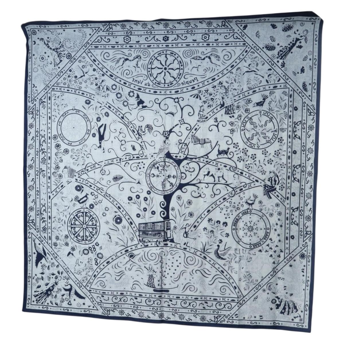 HERMES Carre 140 Scarf ""Peuple Du Vent"" Cashmere Navy Auth hk3921M
