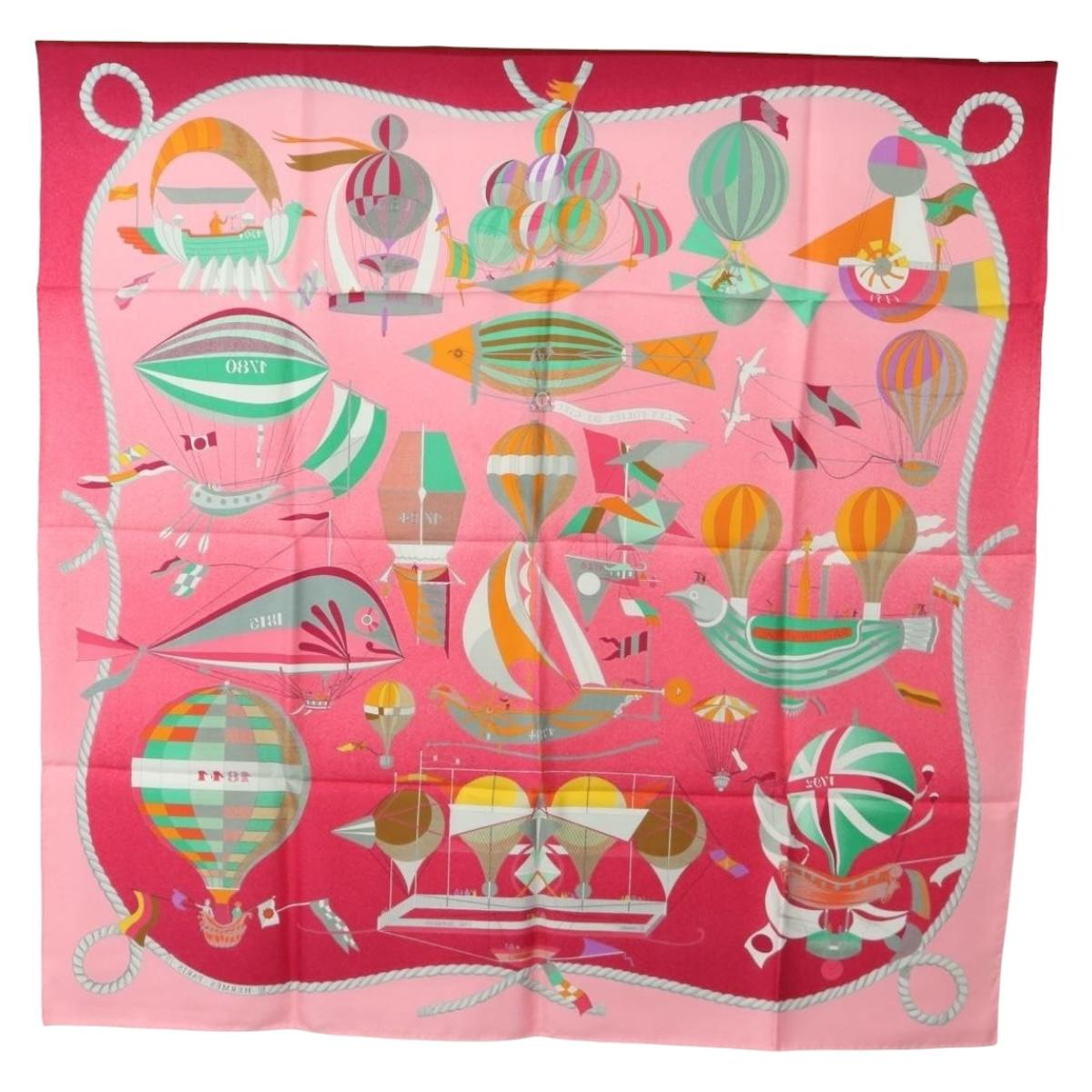 HERMES Carre 90 Scarf ""LES FOLIES DU CIEL"" Silk Pink Auth hk3927V