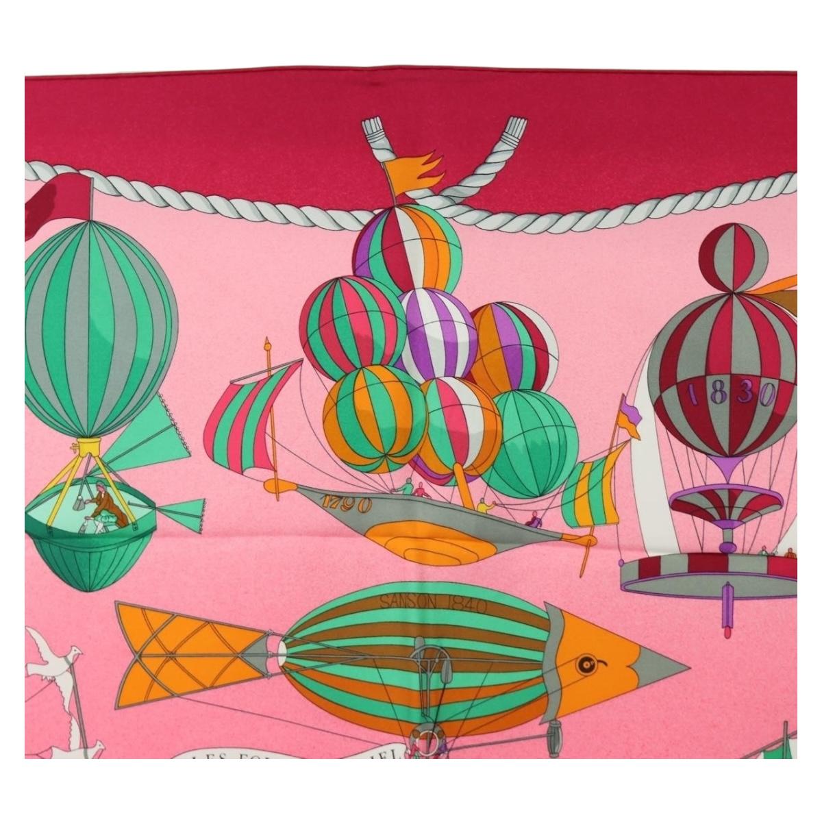 HERMES Carre 90 Scarf ""LES FOLIES DU CIEL"" Silk Pink Auth hk3927V