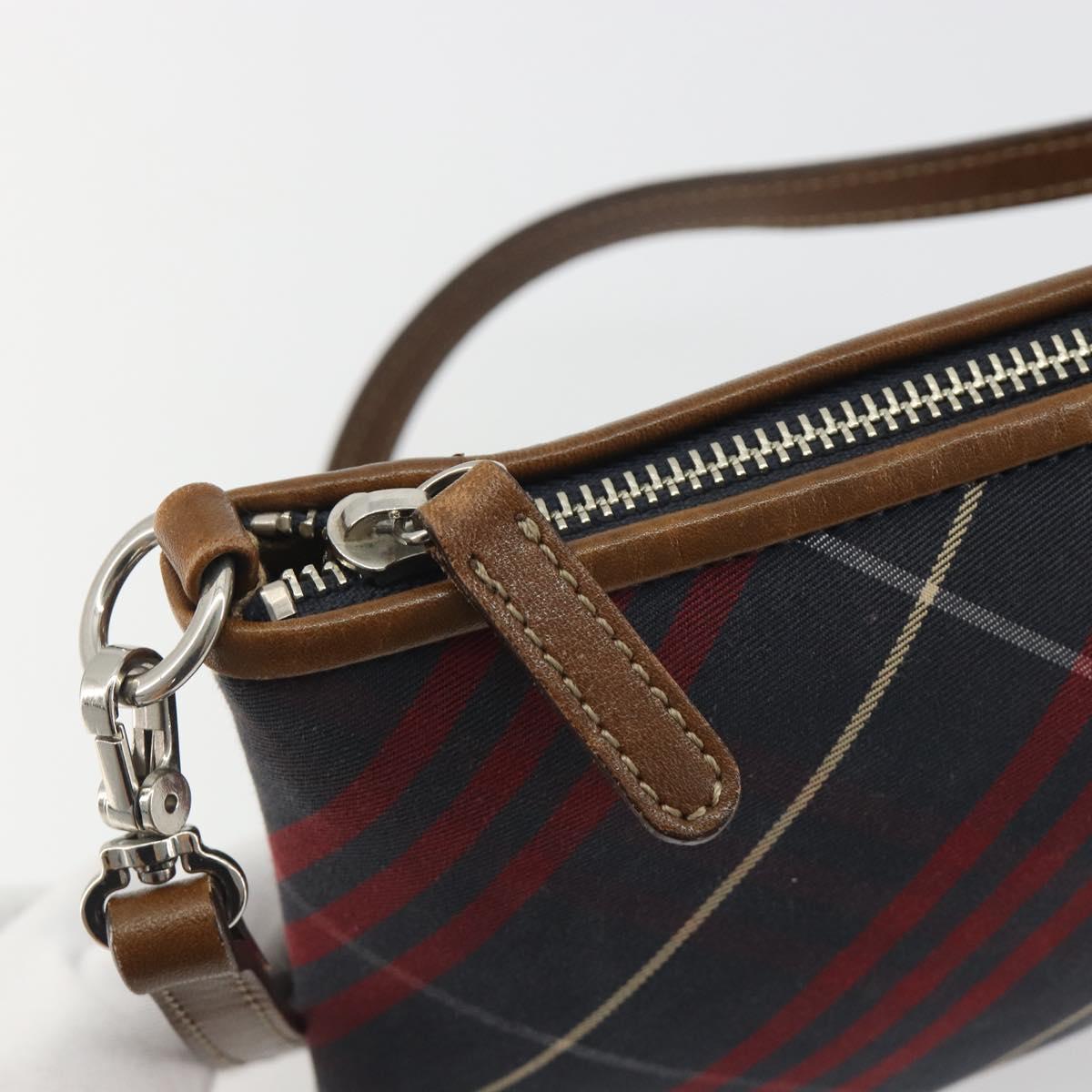 BURBERRY Nova Check Blue Label Hand Pouch Canvas Navy Silver Auth hk3935A