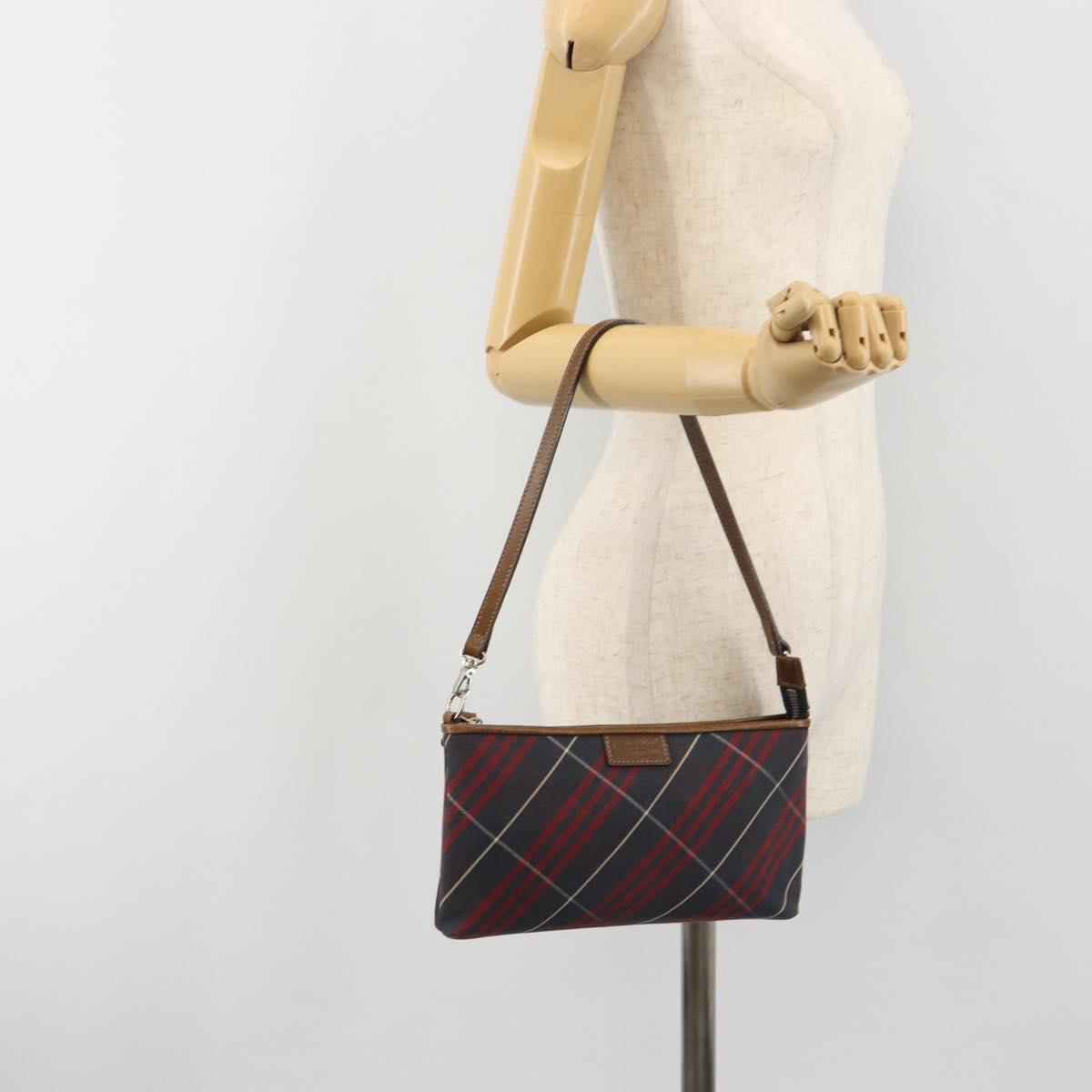 BURBERRY Nova Check Blue Label Hand Pouch Canvas Navy Silver Auth hk3935A