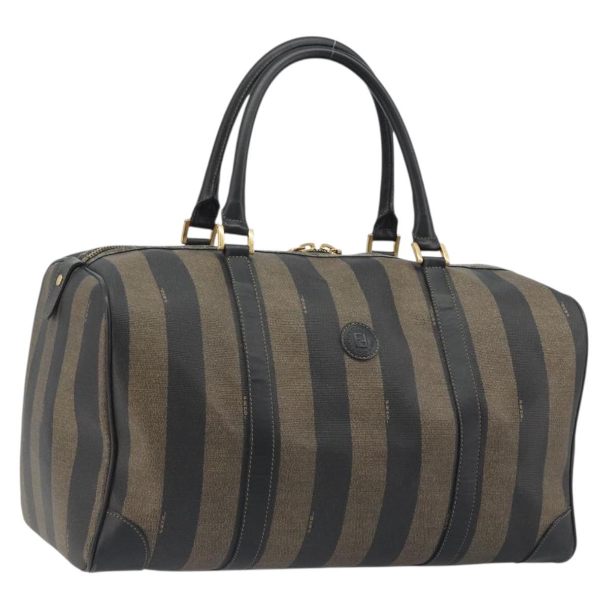 FENDI Pecan Canvas Boston Bag PVC Black Brown Auth hk3981
