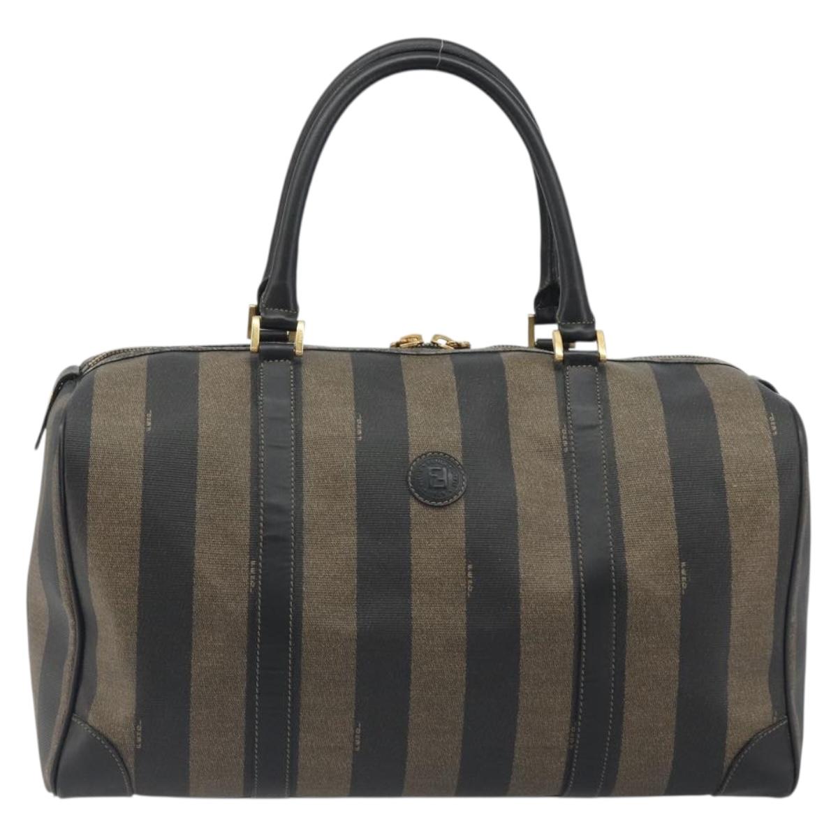 FENDI Pecan Canvas Boston Bag PVC Black Brown Auth hk3981