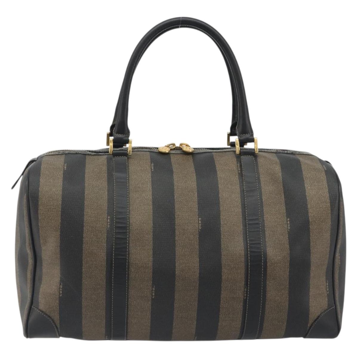 FENDI Pecan Canvas Boston Bag PVC Black Brown Auth hk3981