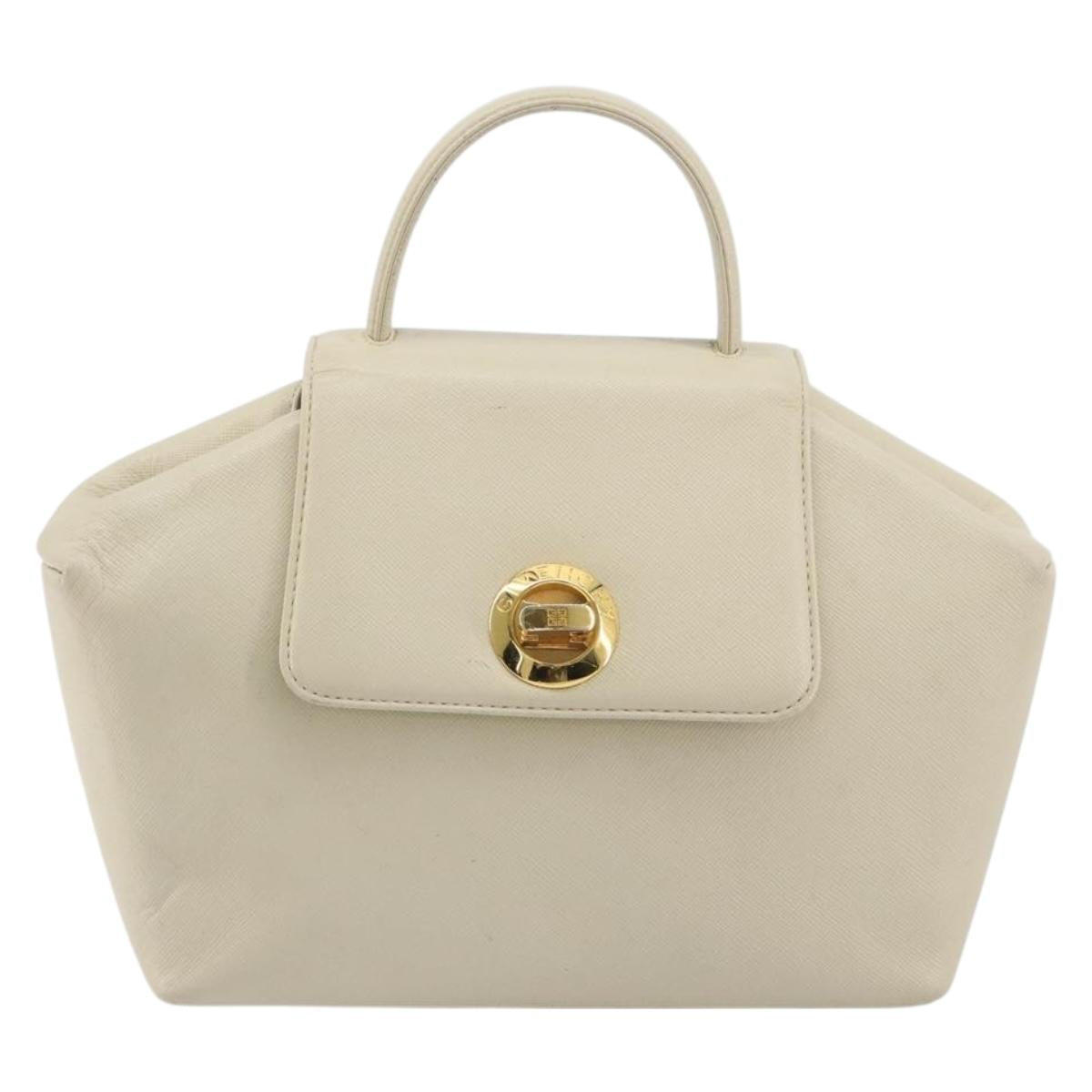 GIVENCHY Hand Bag Leather White Gold Auth hk3982