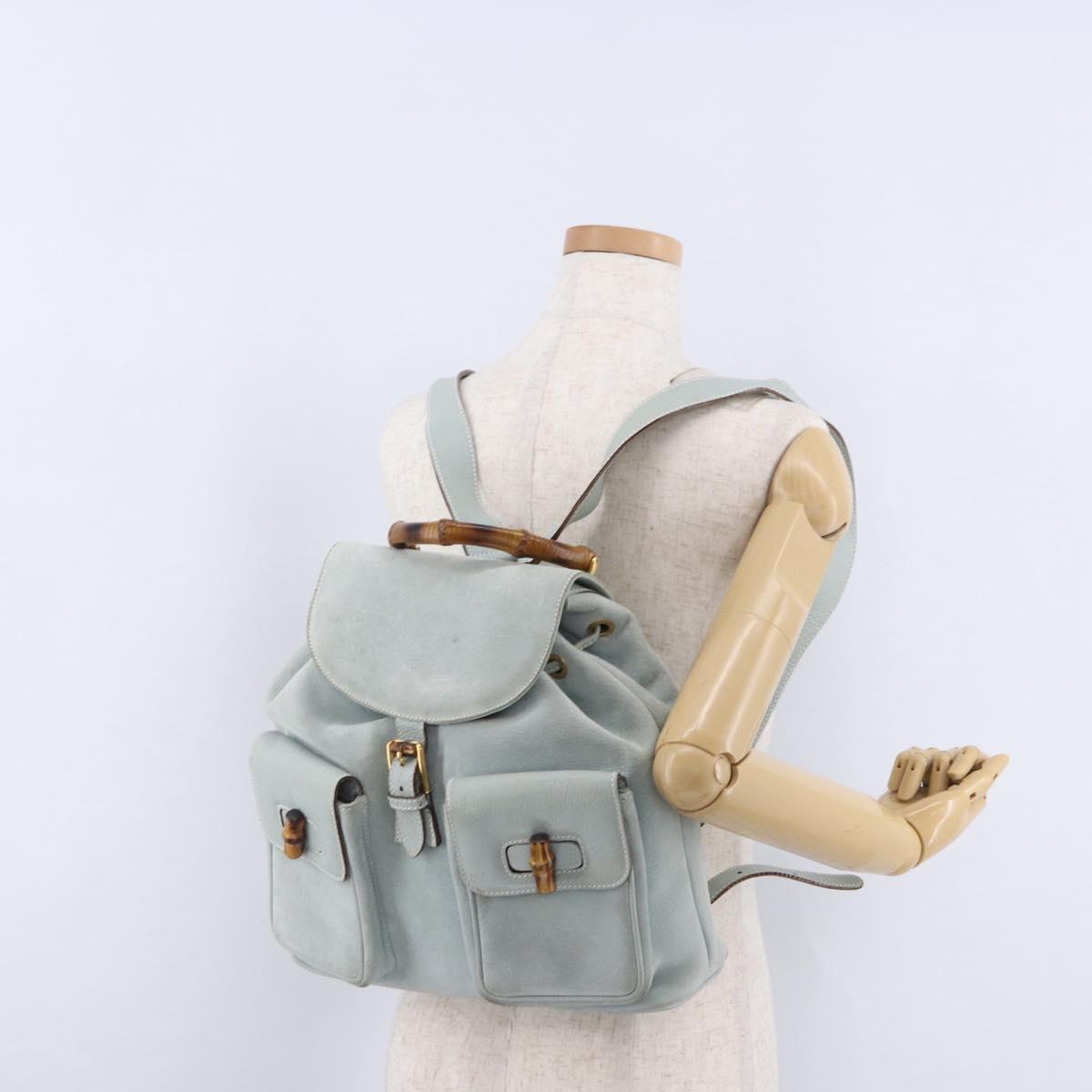 GUCCI Bamboo Backpack Suede Light Blue Gold 003 2058 0016 Auth hk3985