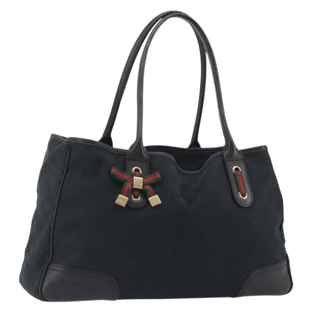 GUCCI GG Canvas Web Sherry Line Tote Bag Black Gold 163805 Auth hk3992