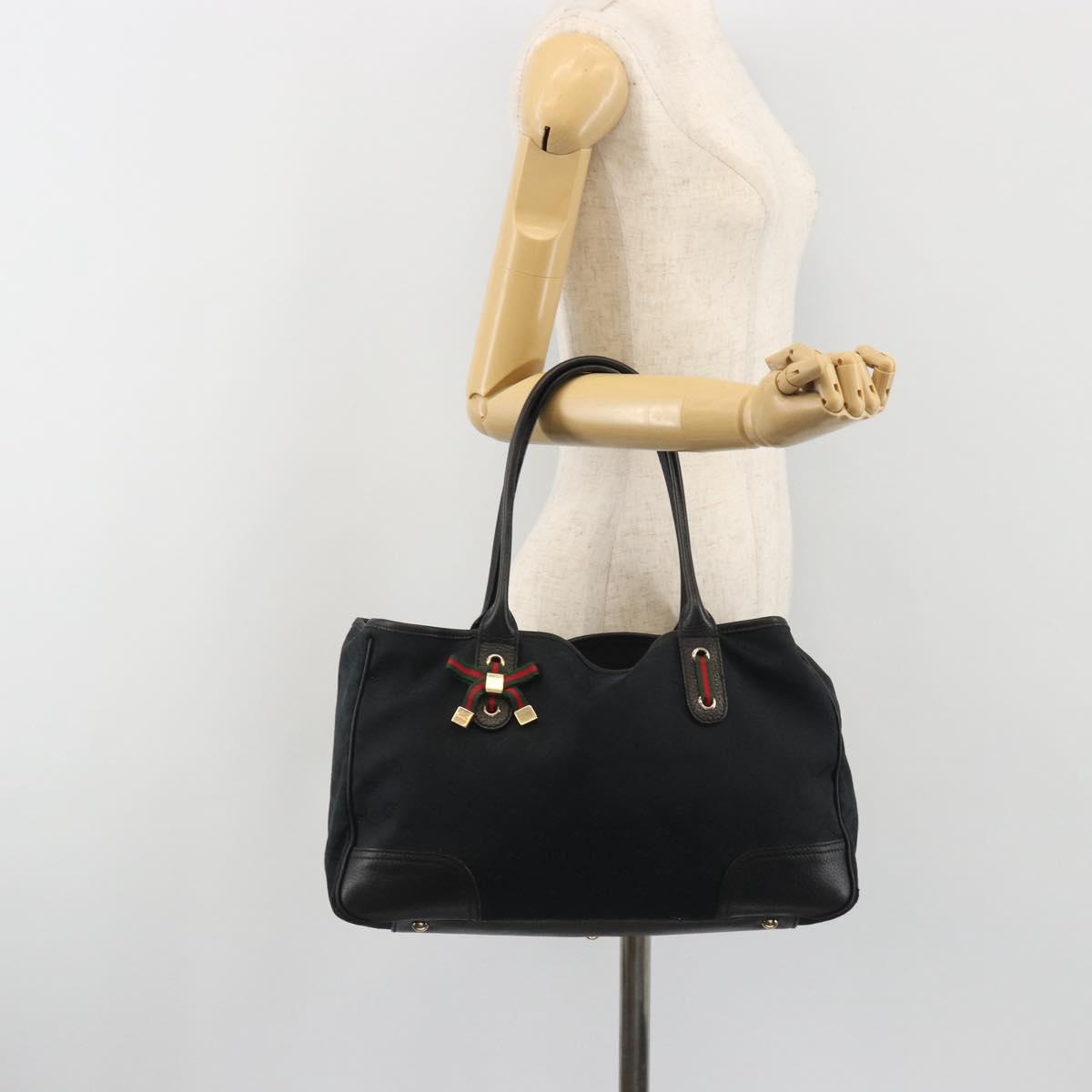 GUCCI GG Canvas Web Sherry Line Tote Bag Black Gold 163805 Auth hk3992