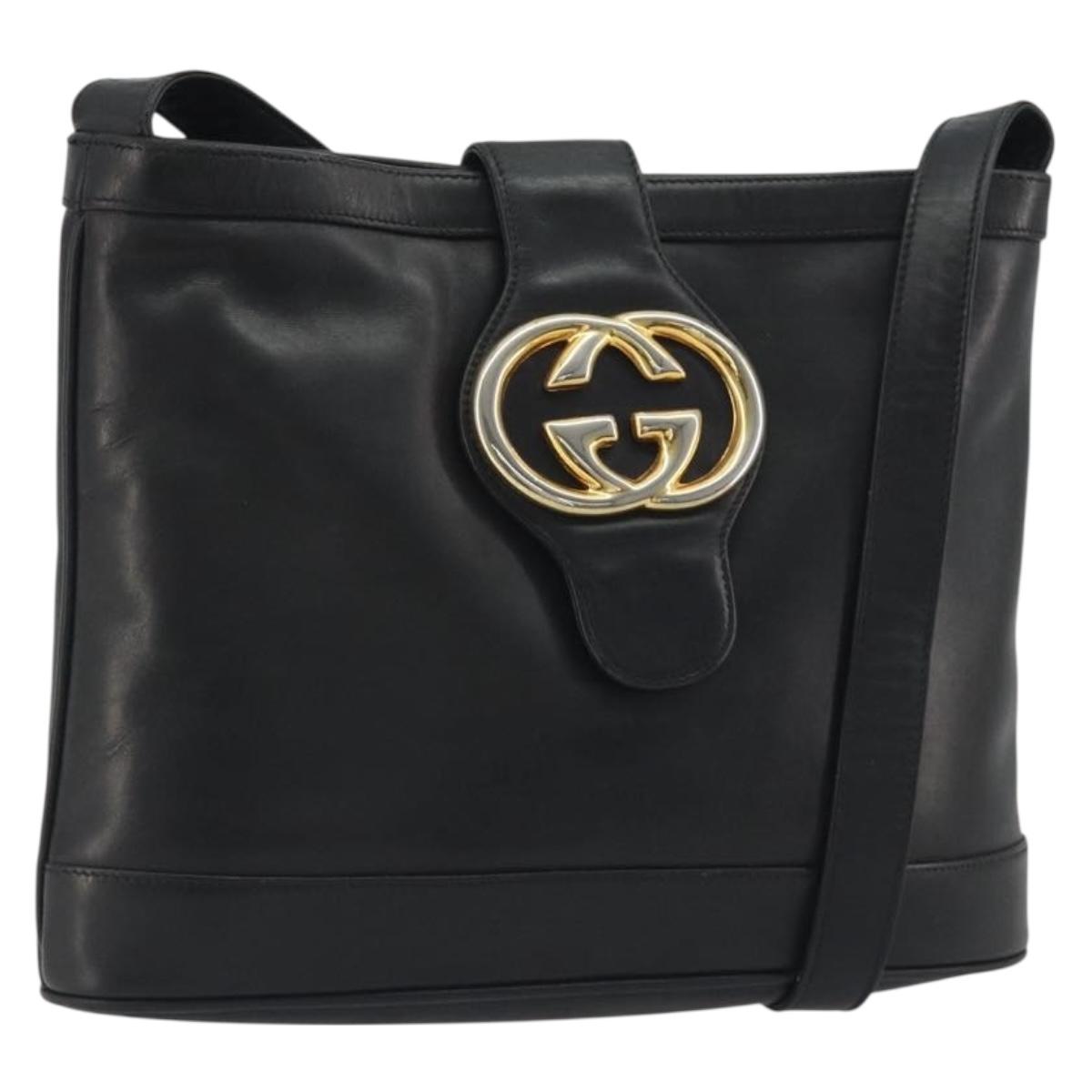 GUCCI Shoulder Bag Leather Black Gold Auth hk3994