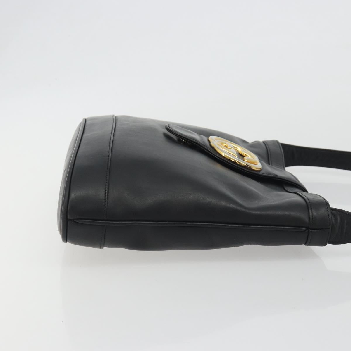 GUCCI Shoulder Bag Leather Black Gold Auth hk3994