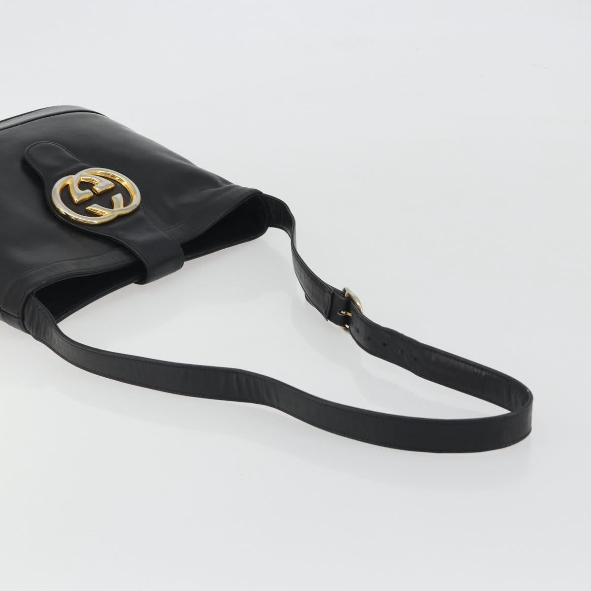 GUCCI Shoulder Bag Leather Black Gold Auth hk3994