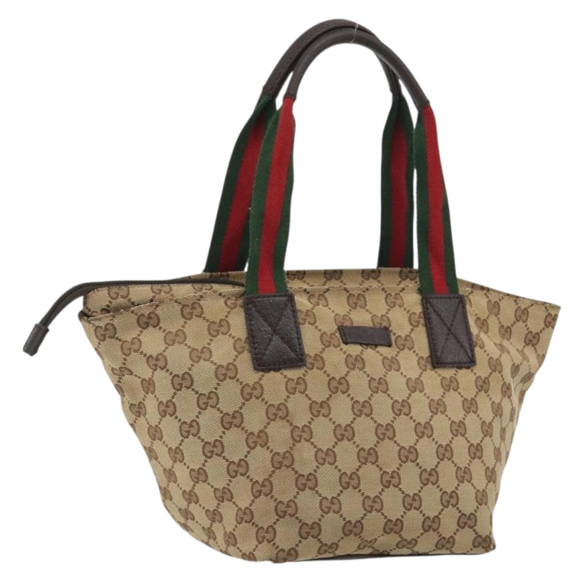 GUCCI GG Canvas Web Sherry Line Hand Bag Beige Silver 131228 Auth hk3996