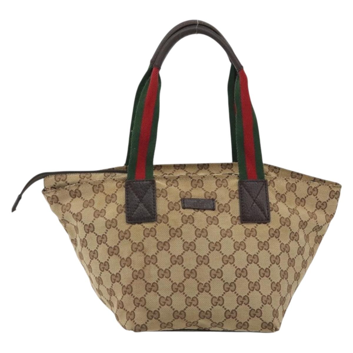 GUCCI GG Canvas Web Sherry Line Hand Bag Beige Silver 131228 Auth hk3996
