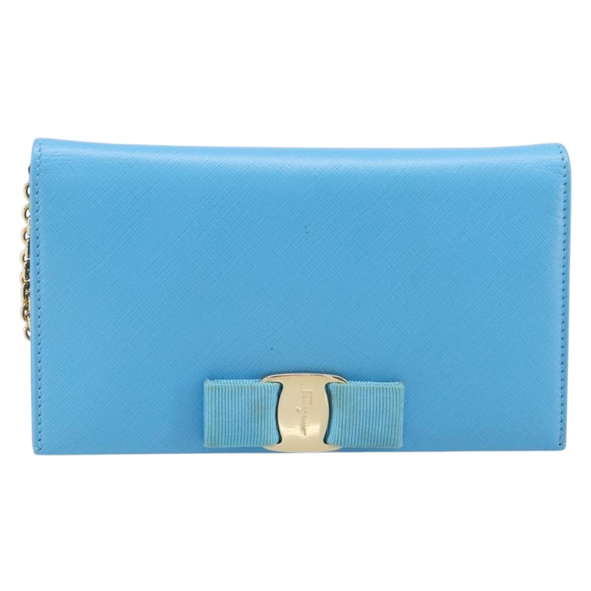 Salvatore Ferragamo Vala Chain Shoulder Wallet Leather Blue Gold Auth hk4008A