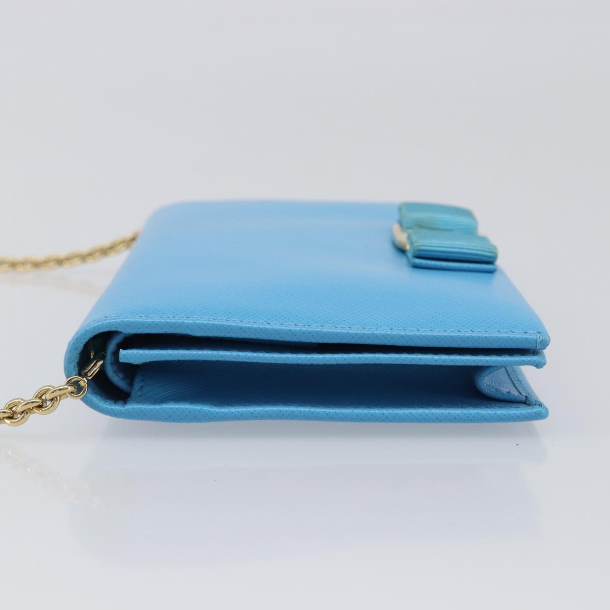 Salvatore Ferragamo Vala Chain Shoulder Wallet Leather Blue Gold Auth hk4008A