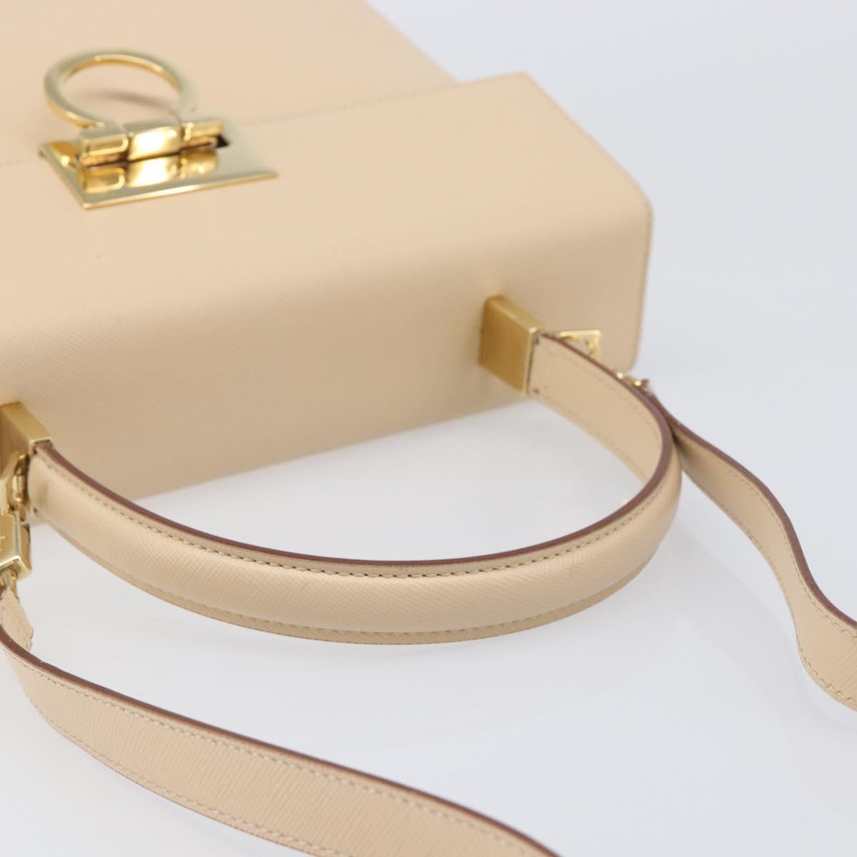 Salvatore Ferragamo Gancini Hand Bag Leather 2way Beige Gold Auth hk4010