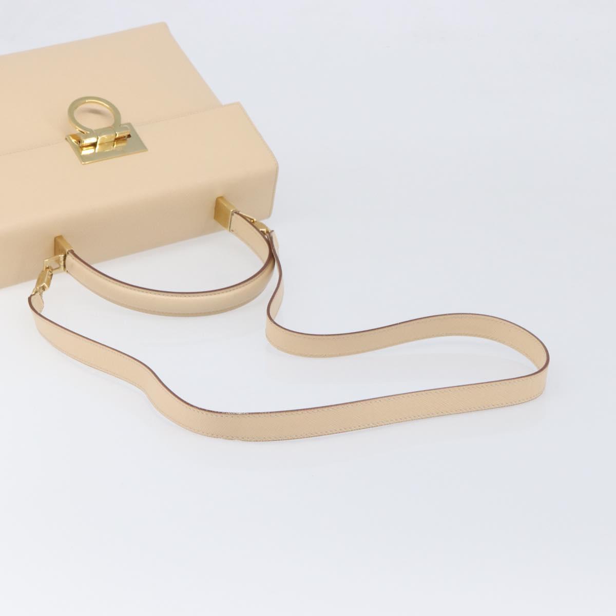 Salvatore Ferragamo Gancini Hand Bag Leather 2way Beige Gold Auth hk4010