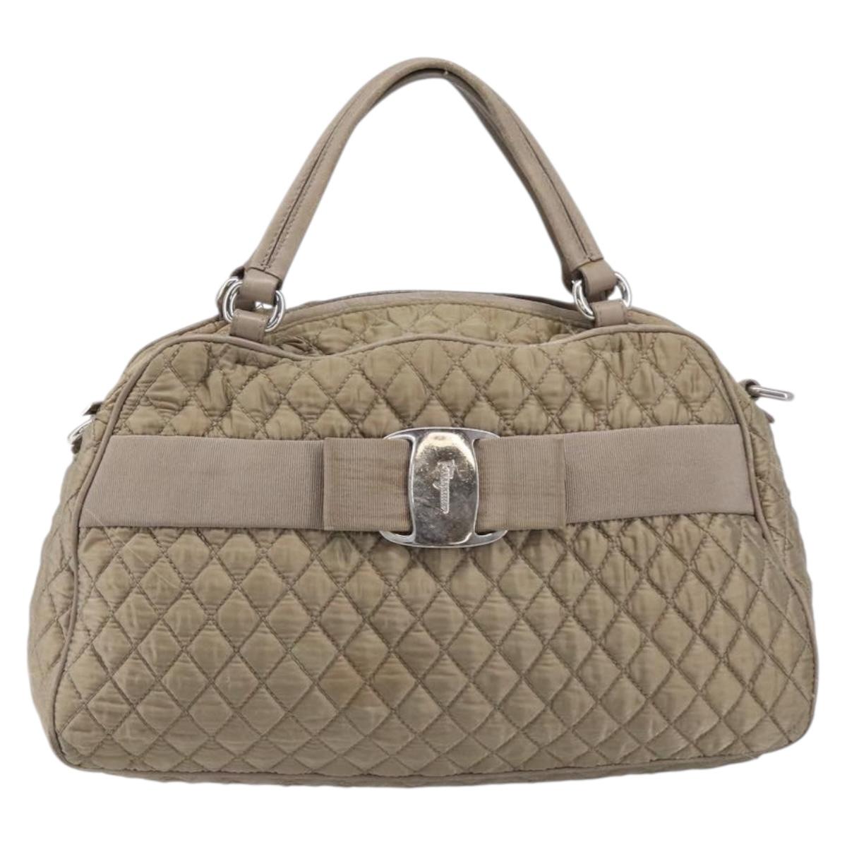 Salvatore Ferragamo Vala Hand Bag Nylon Brown Silver Auth hk4011