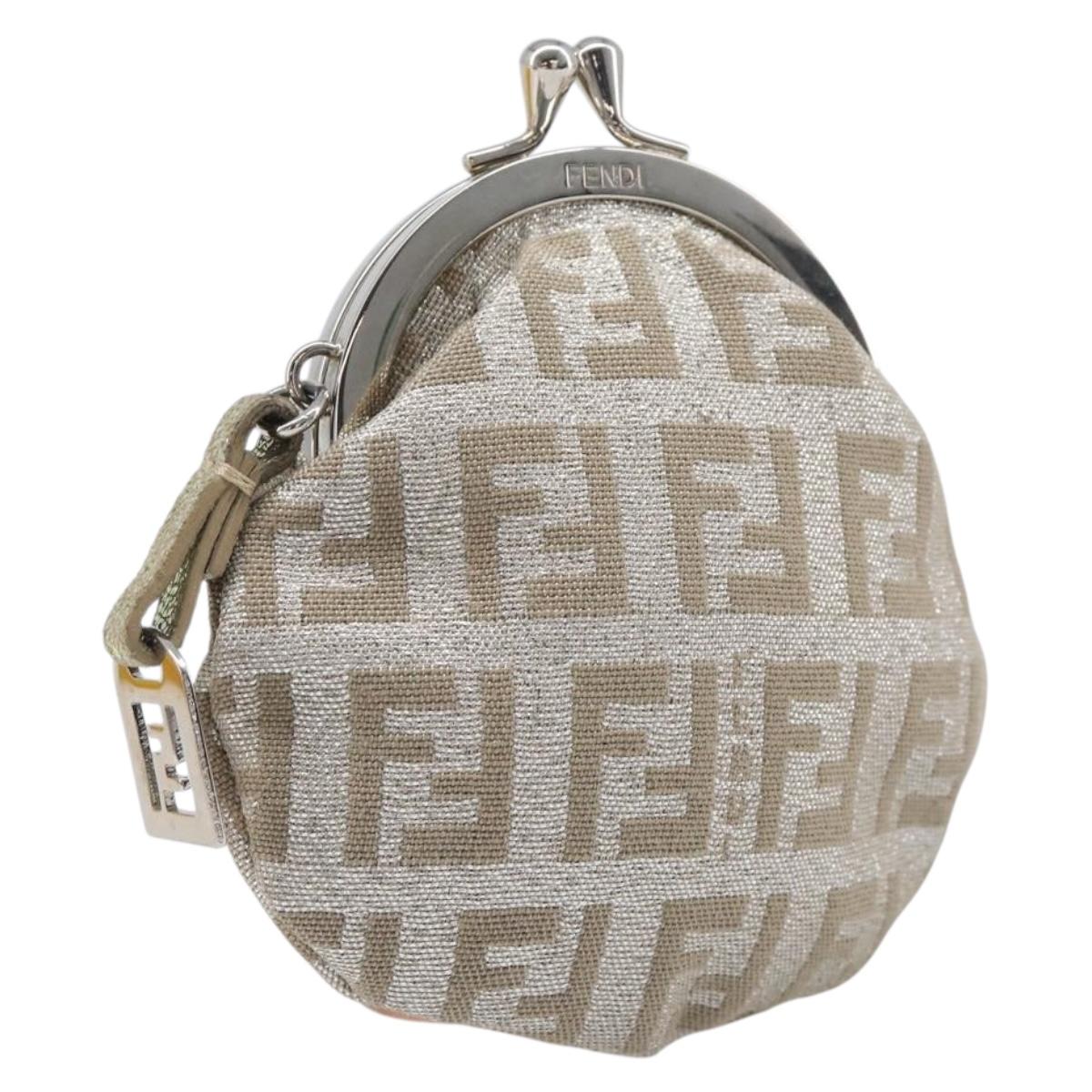 FENDI Zucchino Canvas Gamaguchi Coin Purse Silver Auth hk4013