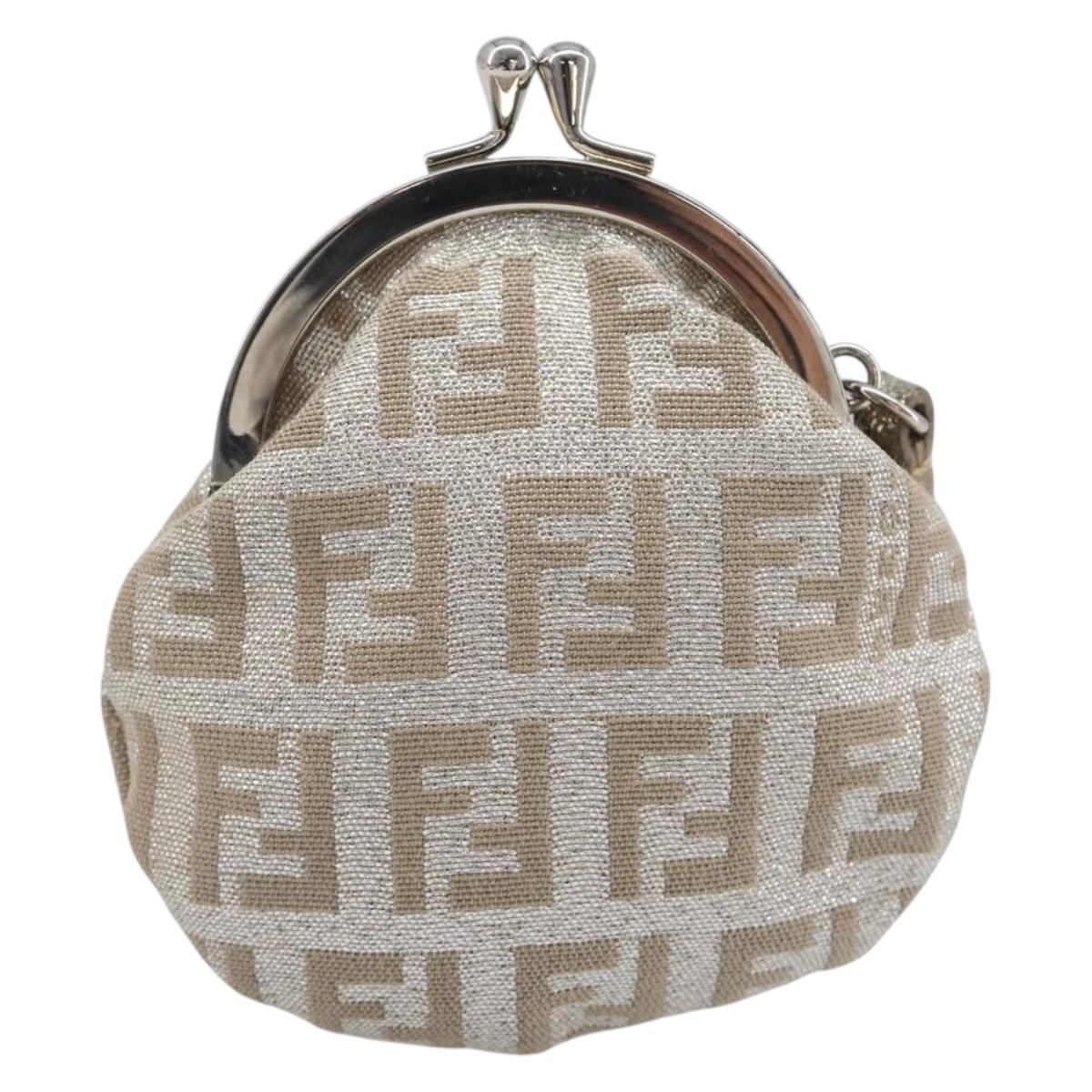 FENDI Zucchino Canvas Gamaguchi Coin Purse Silver Auth hk4013