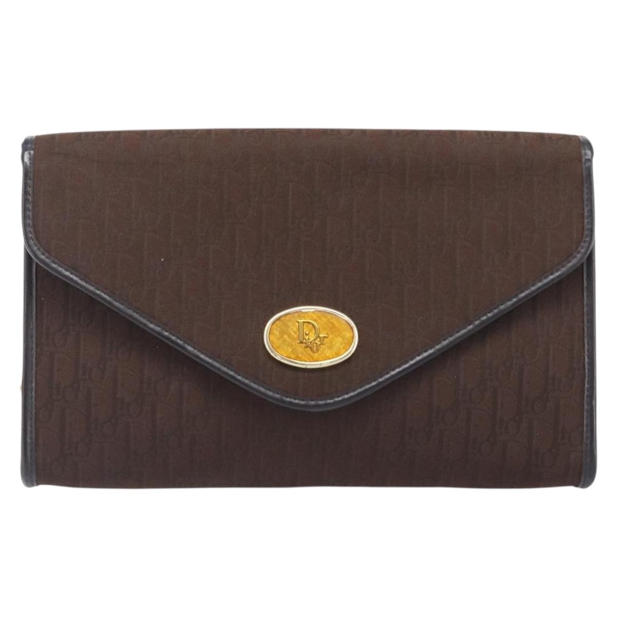 Christian Dior Trotter Canvas Chain Shoulder Bag Brown Gold Auth hk4014A