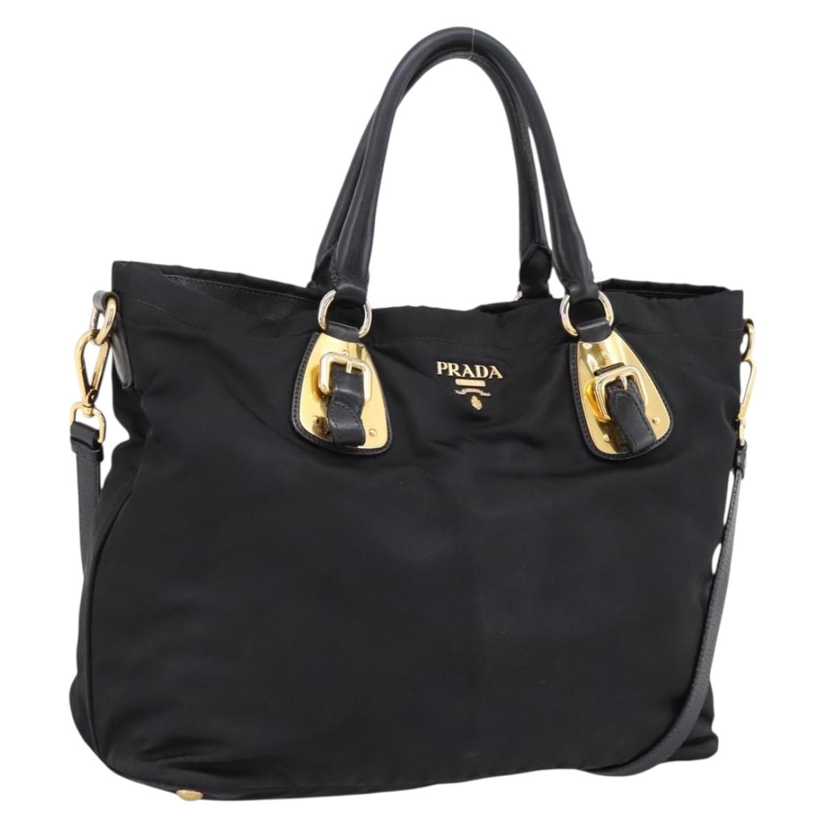 PRADA Hand Bag Nylon 2way Black Gold Auth hk4018