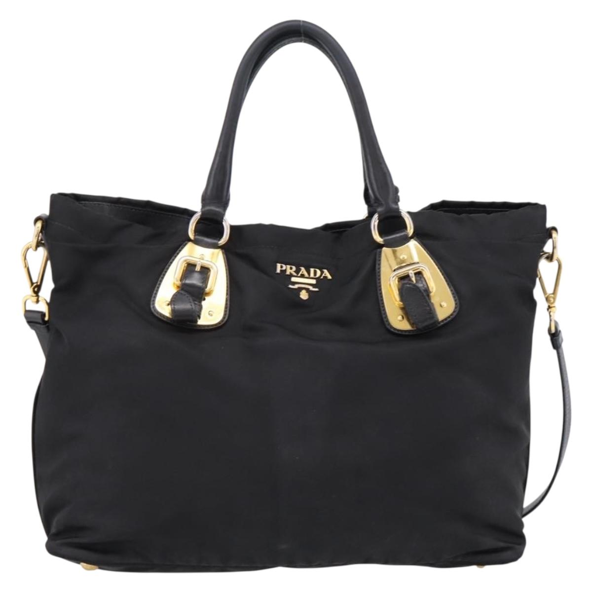 PRADA Hand Bag Nylon 2way Black Gold Auth hk4018