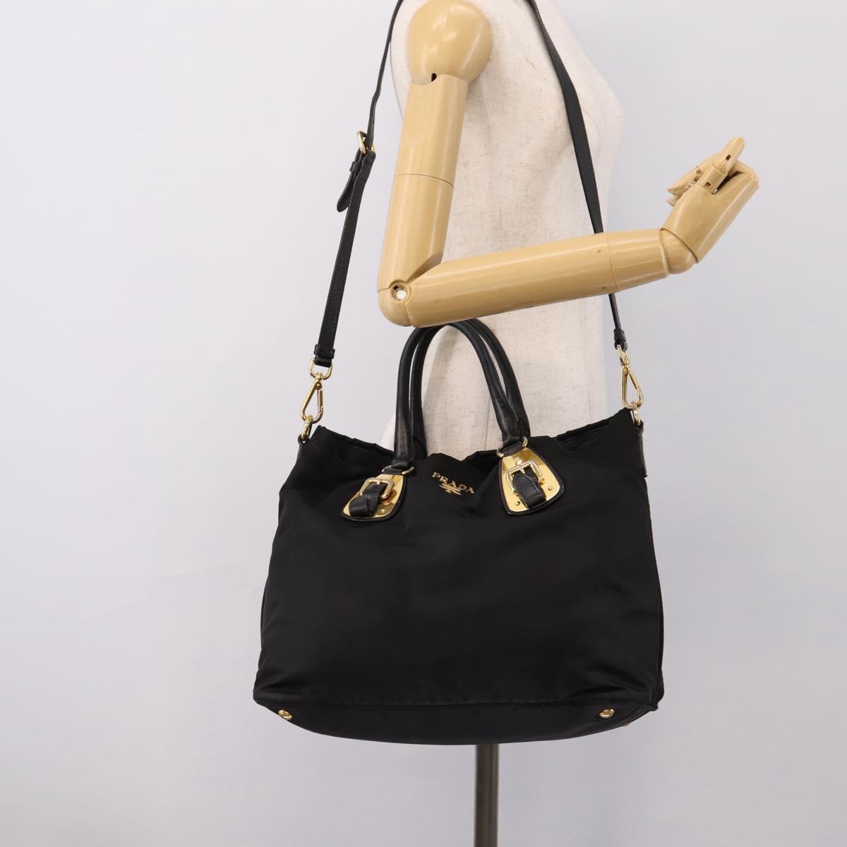 PRADA Hand Bag Nylon 2way Black Gold Auth hk4018
