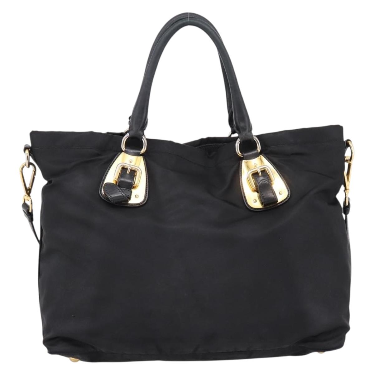 PRADA Hand Bag Nylon 2way Black Gold Auth hk4018