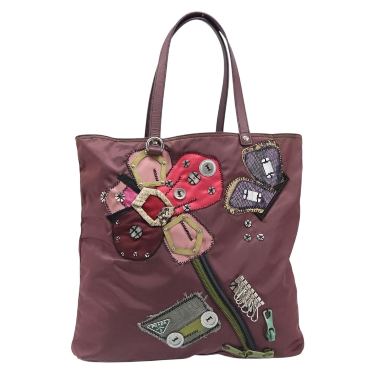 PRADA Tote Bag Nylon Red Silver Auth hk4020