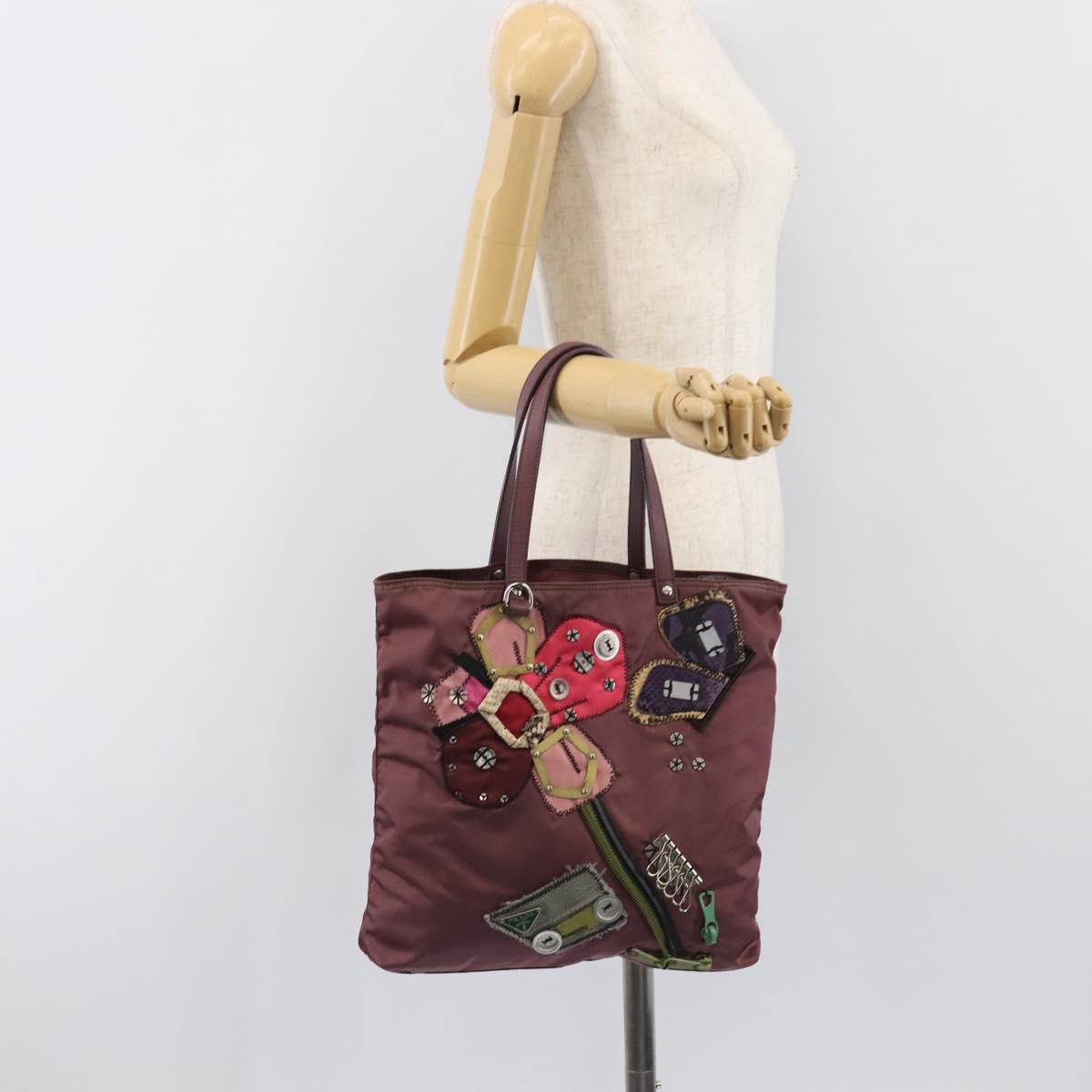 PRADA Tote Bag Nylon Red Silver Auth hk4020