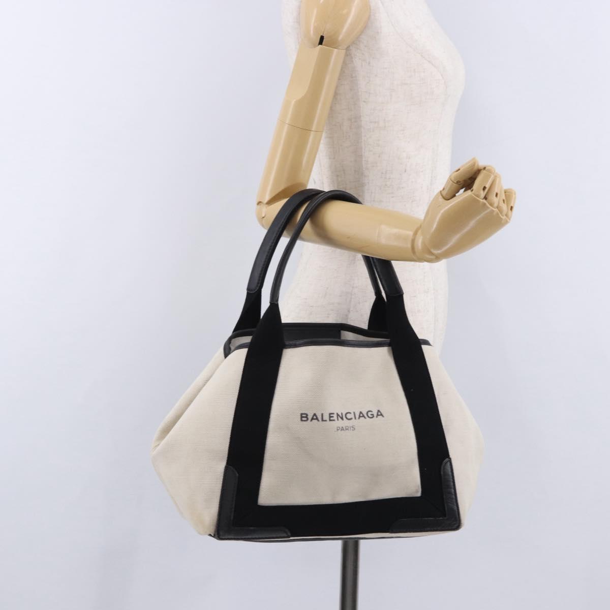 BALENCIAGA Navy Cabas Hand Bag Canvas White Black Auth hk4021