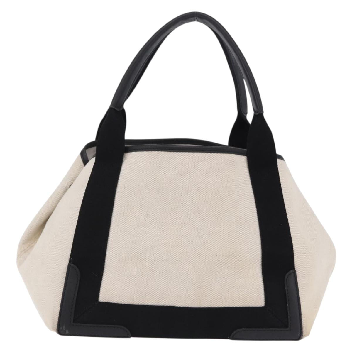BALENCIAGA Navy Cabas Hand Bag Canvas White Black Auth hk4021