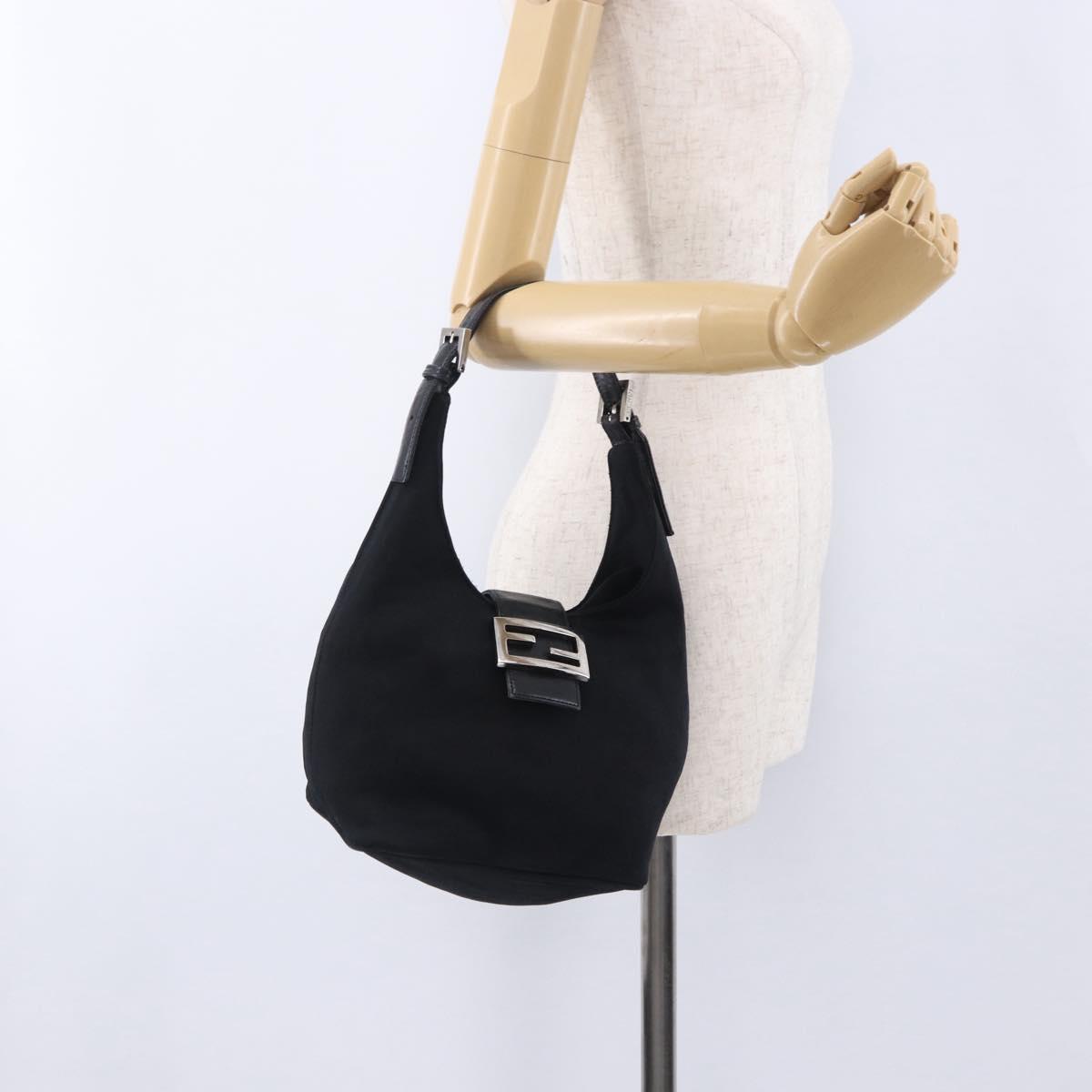 FENDI Shoulder Bag Cotton Jersey Black Silver Auth hk4025