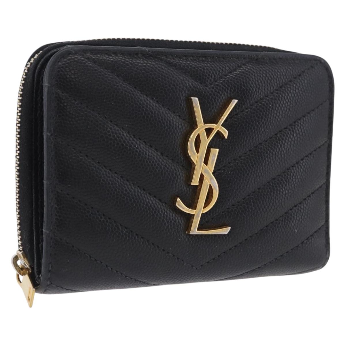 SAINT LAURENT Bifold Wallet Leather Black Gold Auth hk4039