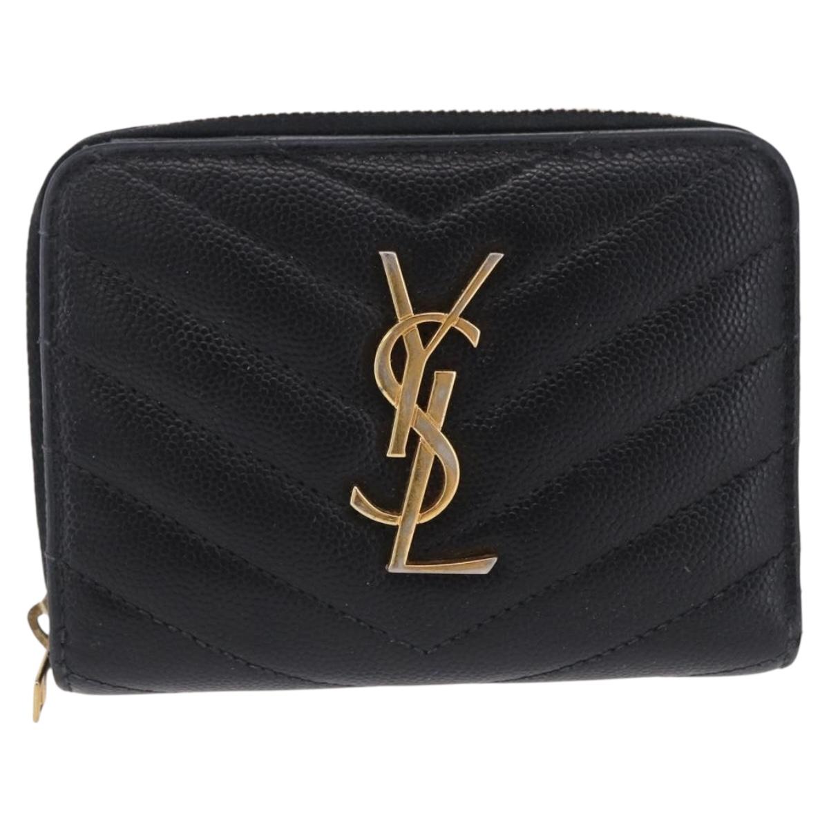 SAINT LAURENT Bifold Wallet Leather Black Gold Auth hk4039