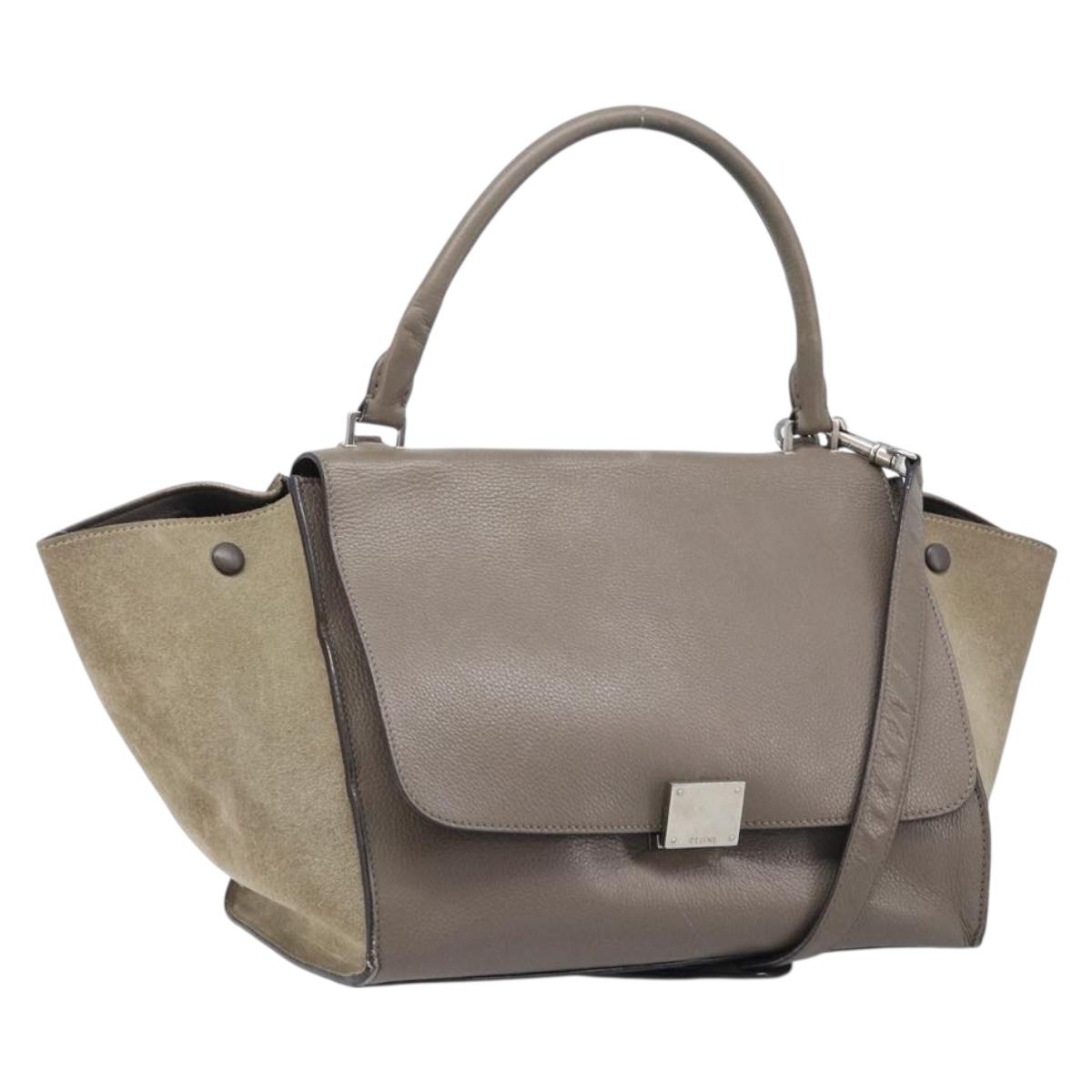 CELINE Trapeze Hand Bag Suede Leather 2way Beige Silver Auth hk4044