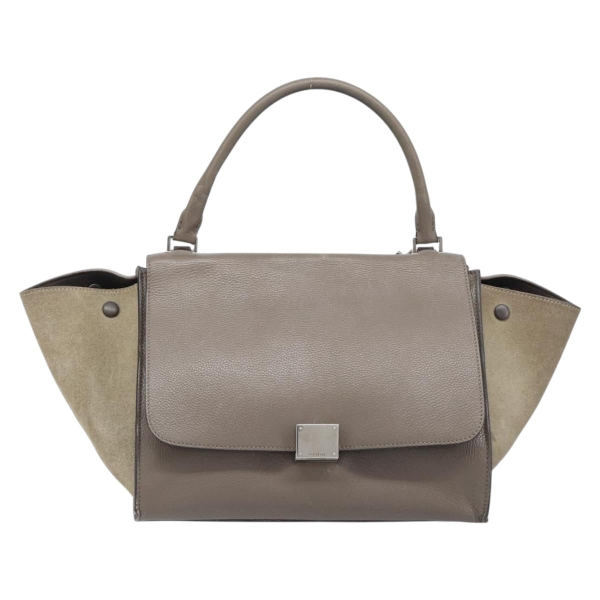 CELINE Trapeze Hand Bag Suede Leather 2way Beige Silver Auth hk4044