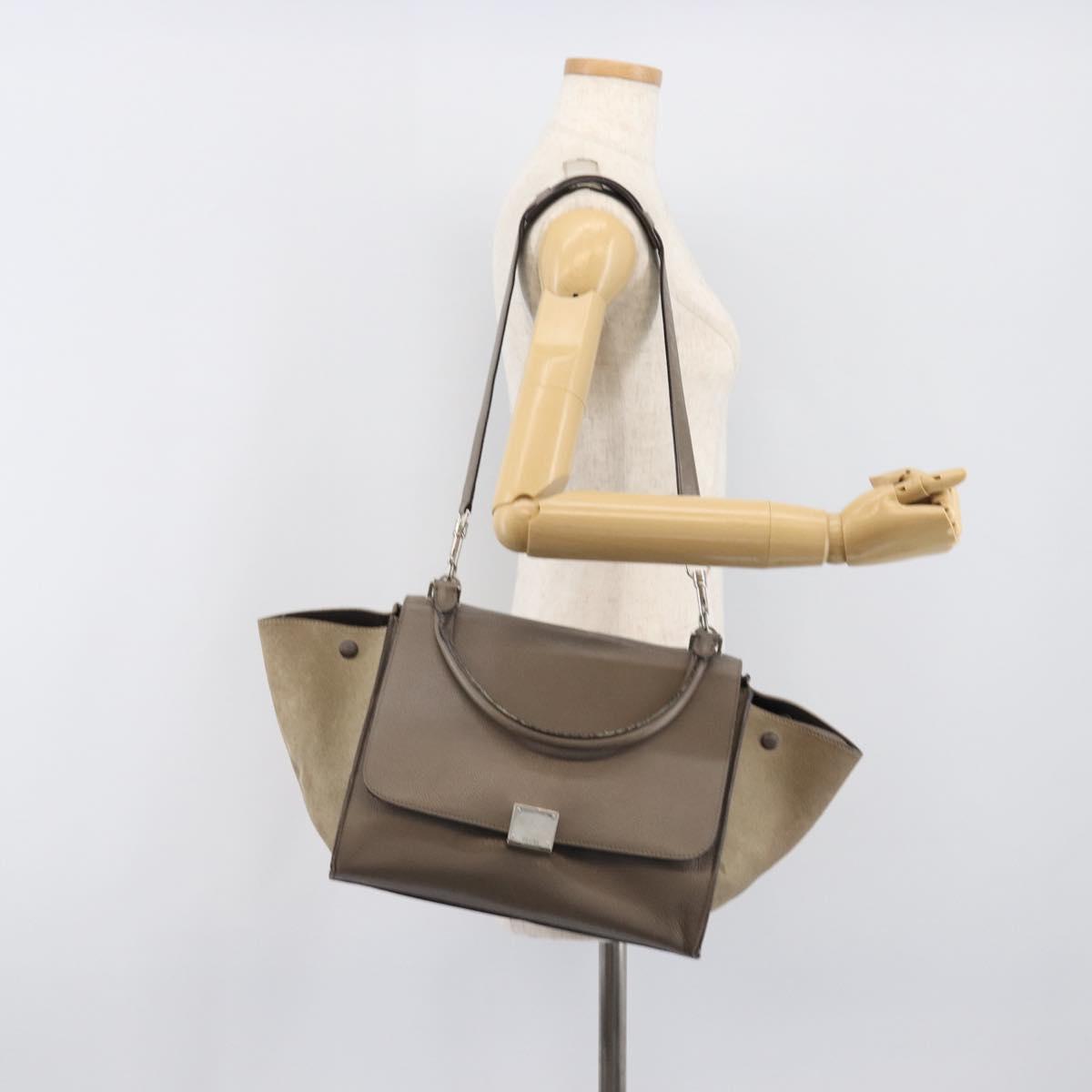 CELINE Trapeze Hand Bag Suede Leather 2way Beige Silver Auth hk4044
