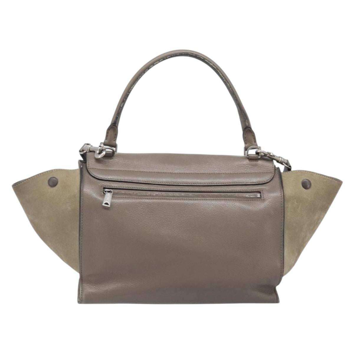 CELINE Trapeze Hand Bag Suede Leather 2way Beige Silver Auth hk4044
