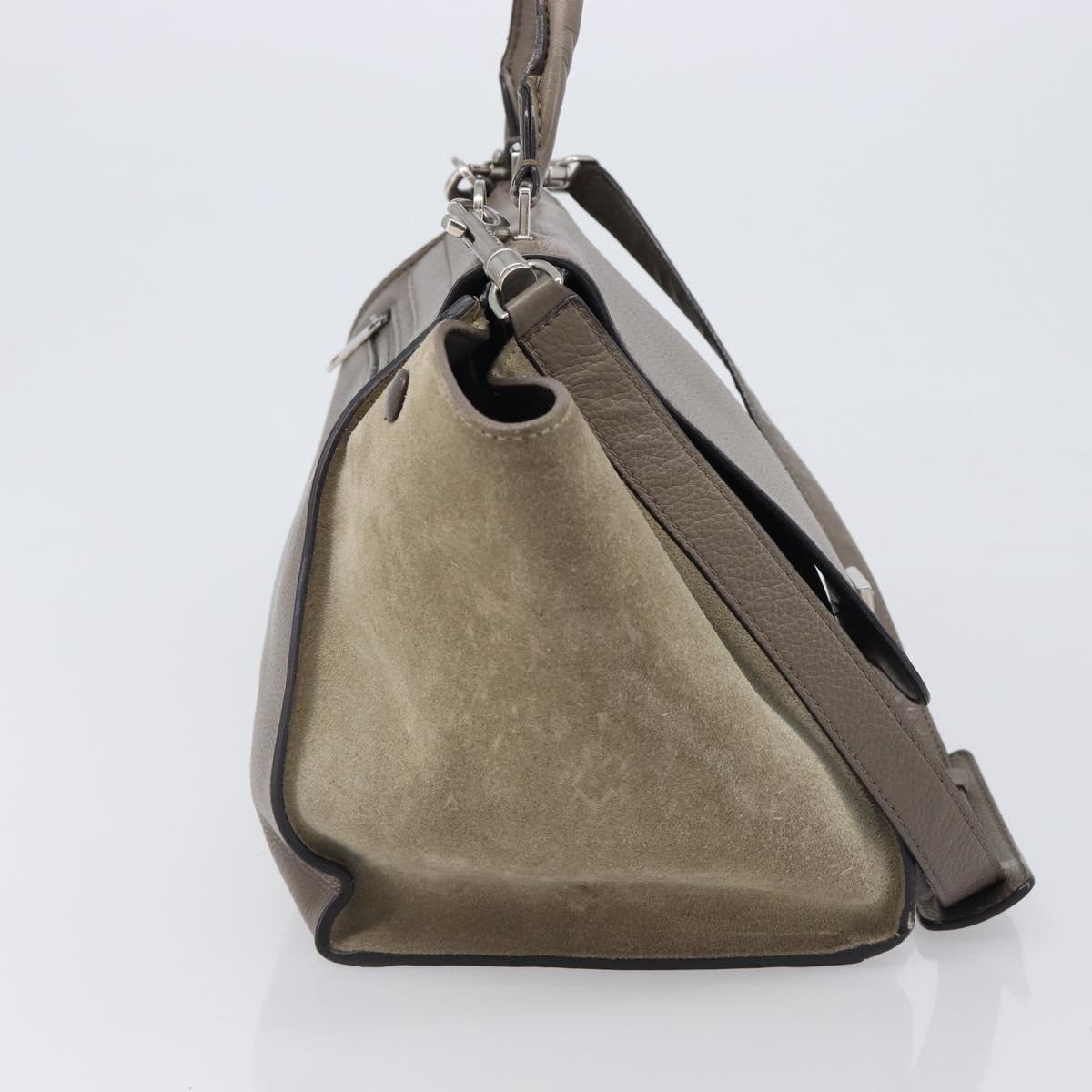 CELINE Trapeze Hand Bag Suede Leather 2way Beige Silver Auth hk4044