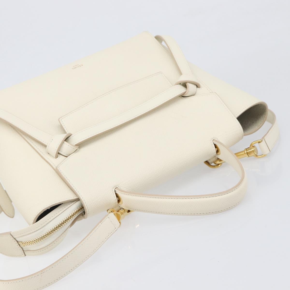 CELINE Small Belt Hand Bag Leather 2way White Gold Auth hk4050V