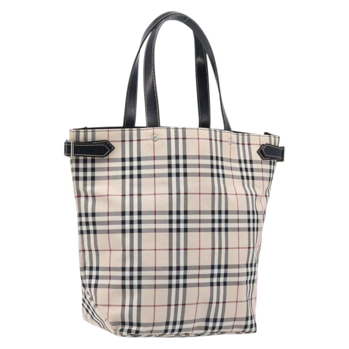 BURBERRY Nova Check Blue Label Tote Bag Canvas Beige Silver Auth hk4052A
