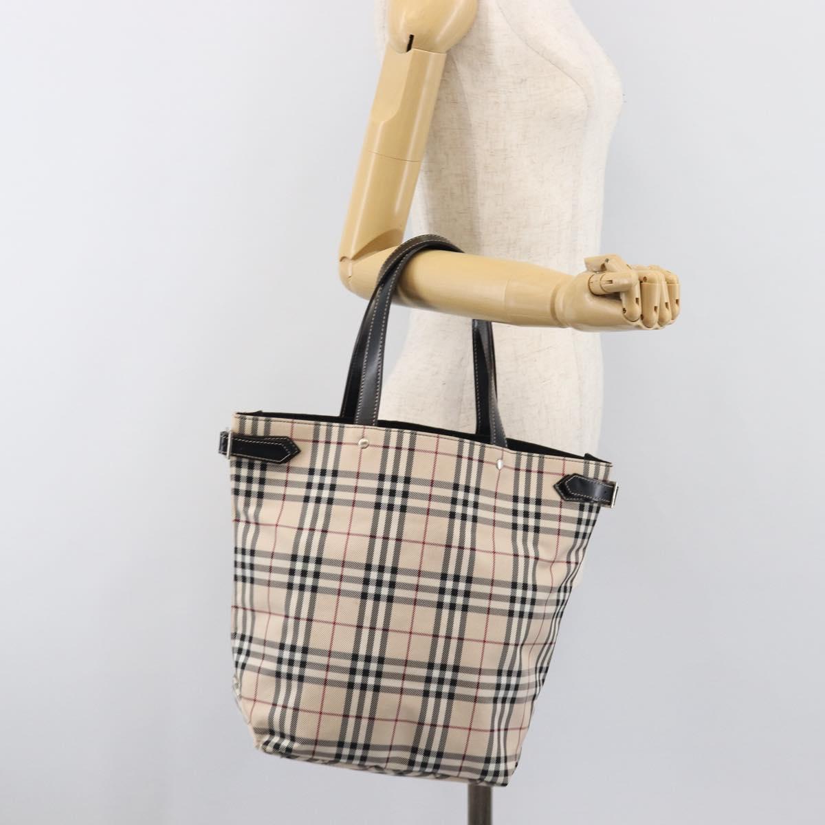 BURBERRY Nova Check Blue Label Tote Bag Canvas Beige Silver Auth hk4052A