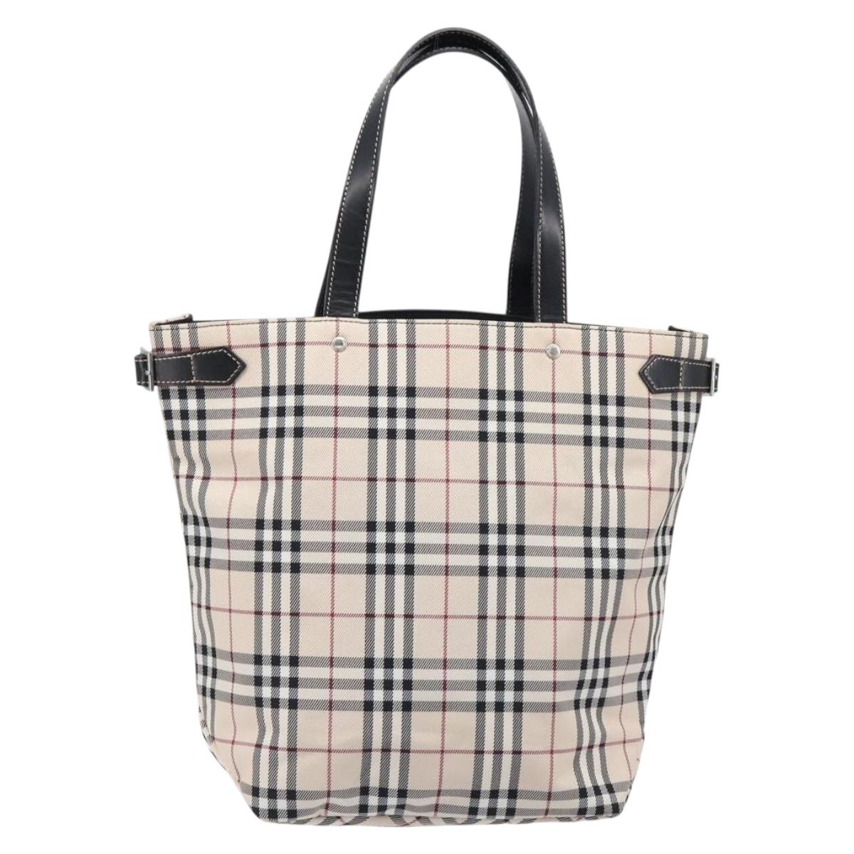 BURBERRY Nova Check Blue Label Tote Bag Canvas Beige Silver Auth hk4052A